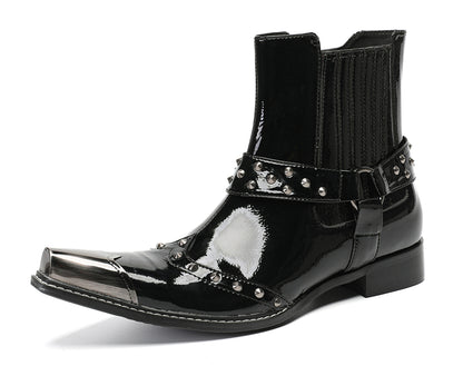 Mens Top-Grain Leather Studded Strap & Side Zipper Cowboy Western Boots