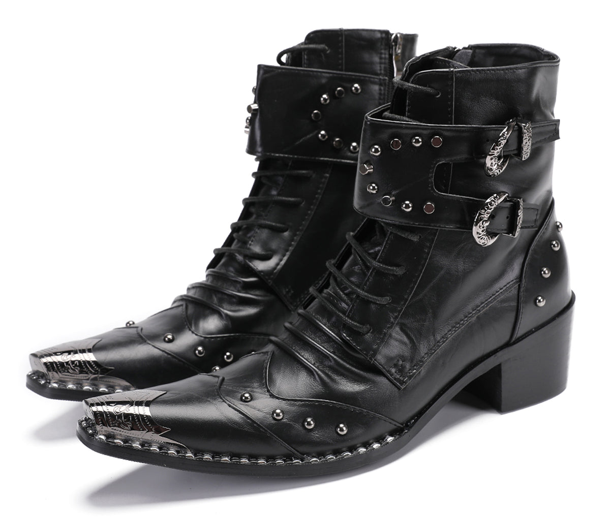 Mens Genuine Leather Metal Toe Buckles Zipper Cowboy Western Boots