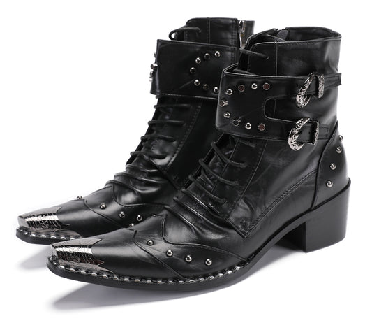 Mens Genuine Leather Metal Toe Buckles Zipper Cowboy Western Boots
