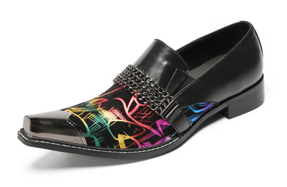 Mens Metal Pointed Cap Chain Decor Slip-On Dress Western Loafers