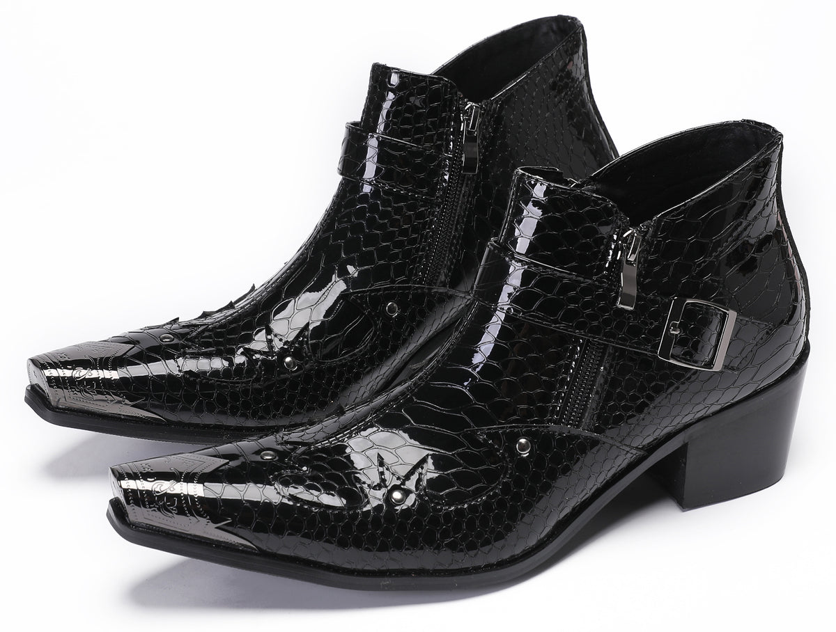 Mens Snakeskin Texture Metal Toe Double Zipper Ankle Western Boots