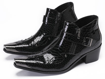 Mens Snakeskin Texture Metal Toe Double Zipper Ankle Western Boots