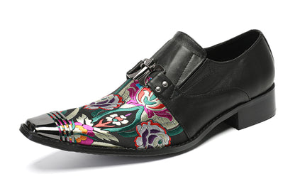 Mens Top-Grain Leather Floral Embroidery Casual Western Loafers