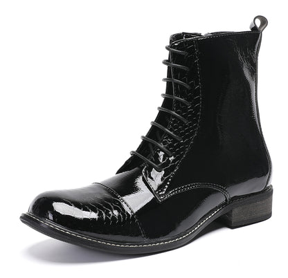 Mens  Black Glossy Patent Leather Square Toe Western Oxfords Boots