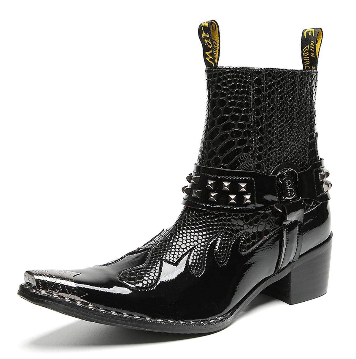 Mens Studded Snake Pattern Leather Cowboy Western Chelsea Boots