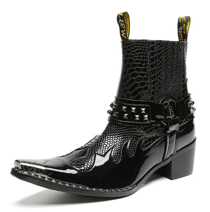 Mens Studded Snake Pattern Leather Cowboy Western Chelsea Boots