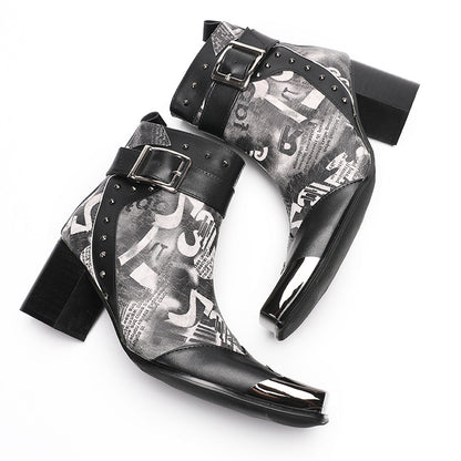 Mens Metal Square Toe Buckle Printed Leather Ankle Western Boots