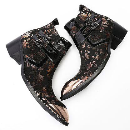 Mens Floral Leather Metal Pointed Toe Buckle Ankle Western Boots