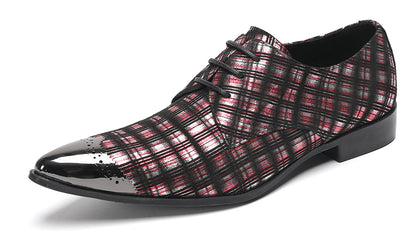 Mens Plaid Patent-Leather Dress Casual Metal Toe Western Oxfords