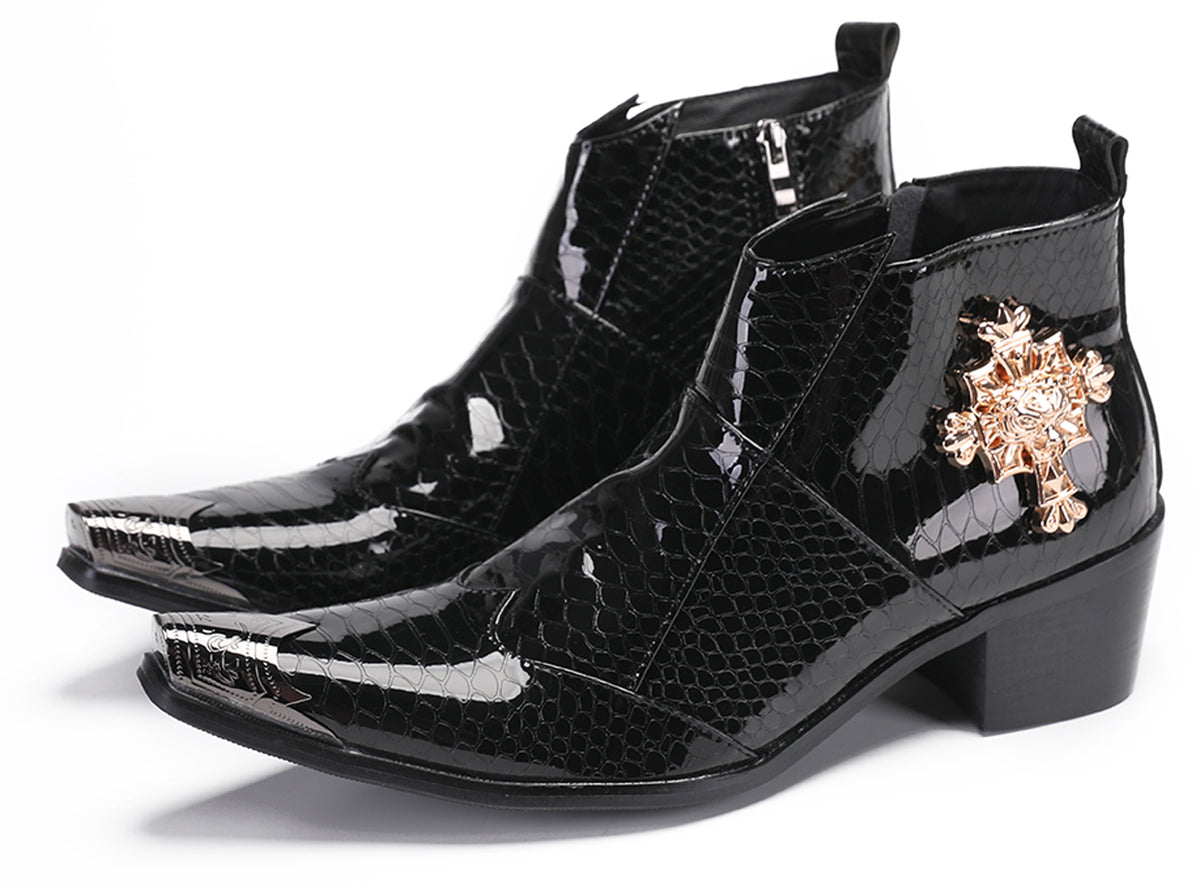 Mens Genuine Leather Snakeskin Pattern Metal Toe Zipper Ankle Western Boots