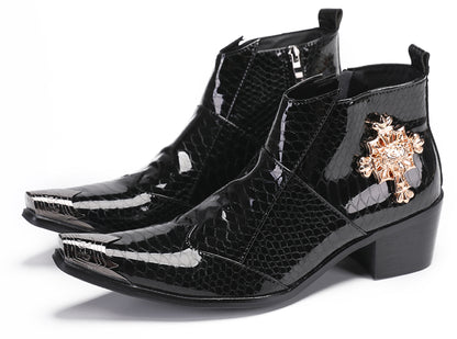 Mens Genuine Leather Snakeskin Pattern Metal Toe Zipper Ankle Western Boots