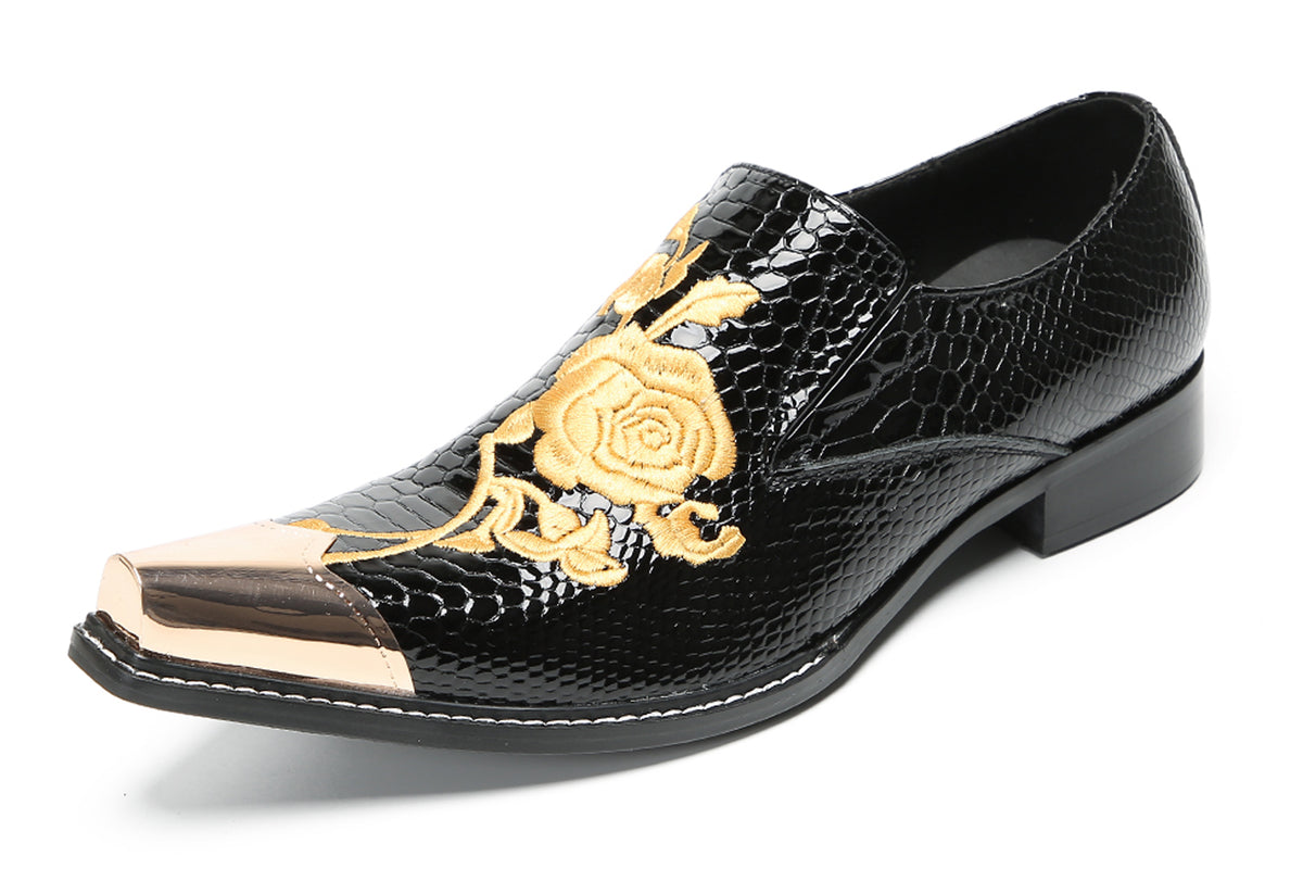 Mens Embroidered Gold Metal Toe Dress Western Loafers