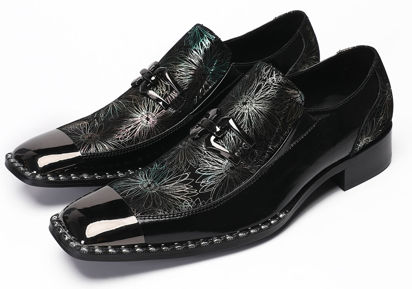 Mens Genuine Leather Sequin Metal Square Toe Western Loafers