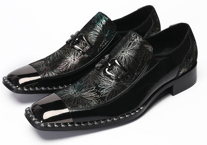 Mens Genuine Leather Sequin Metal Square Toe Western Loafers