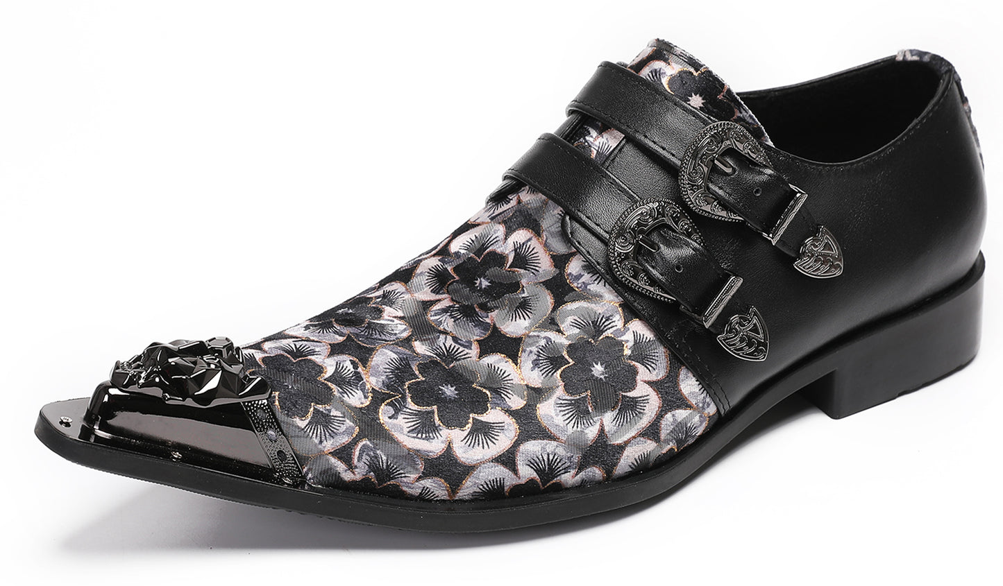 Mens Double Buckle Flower Embroidery Two-Tone Western Loafers