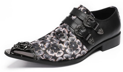 Mens Double Buckle Flower Embroidery Two-Tone Western Loafers