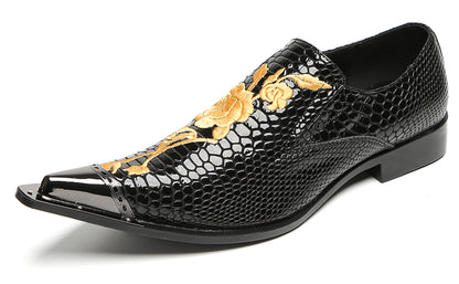 Mens Embroidered Rose Snake Pattern Patent Leather Western Loafers