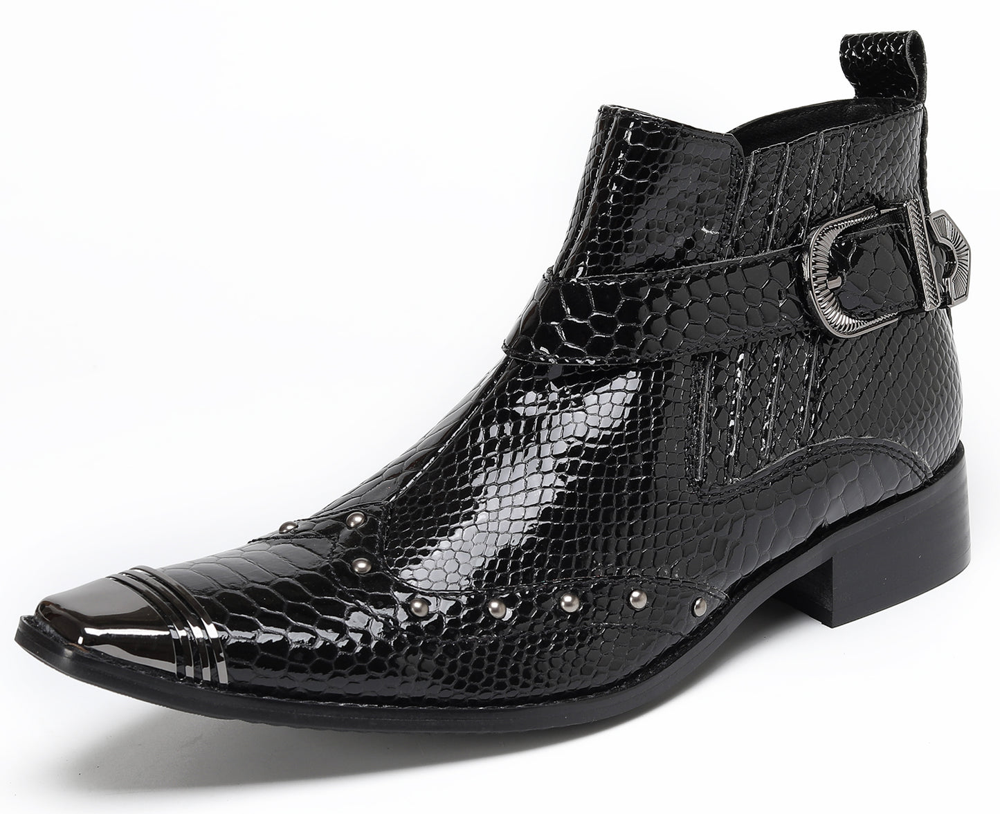 Mens Snakeskin Zipper Side Studded Buckle Western Boots
