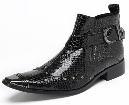 Mens Snakeskin Zipper Side Studded Buckle Western Boots