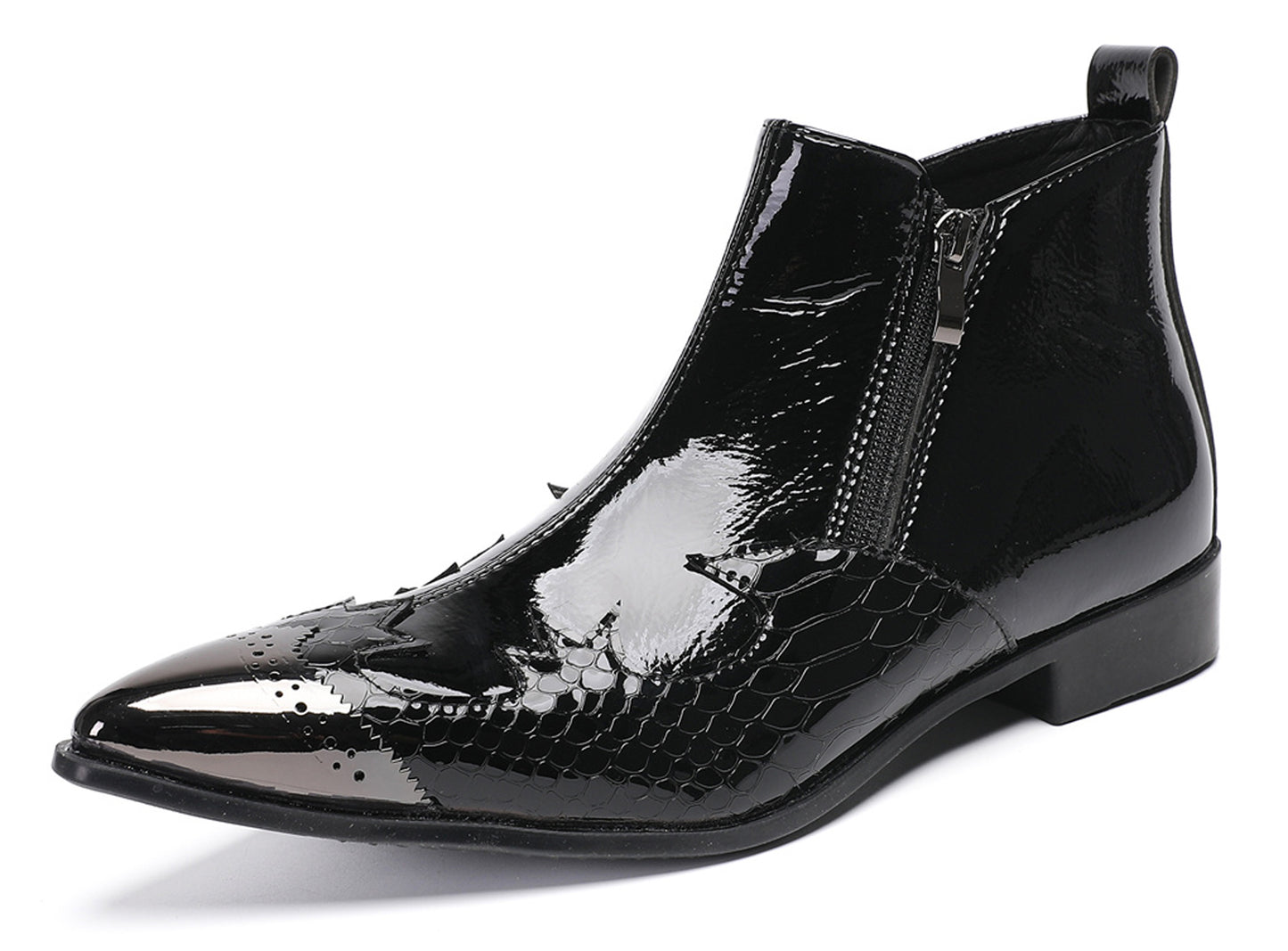 Mens Glossy Patent Leather Double Zipper Ankle Western Boots