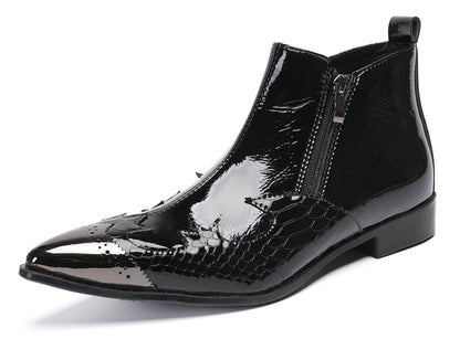 Mens Glossy Patent Leather Double Zipper Ankle Western Boots