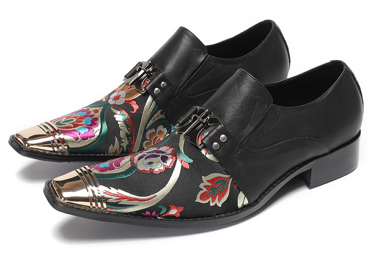 Mens Genuine Leather Slip On Buckle Floral Embroidery Western Loafers