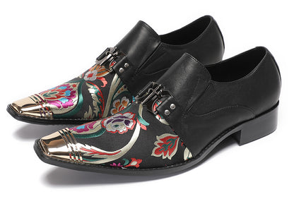 Mens Genuine Leather Slip On Buckle Floral Embroidery Western Loafers