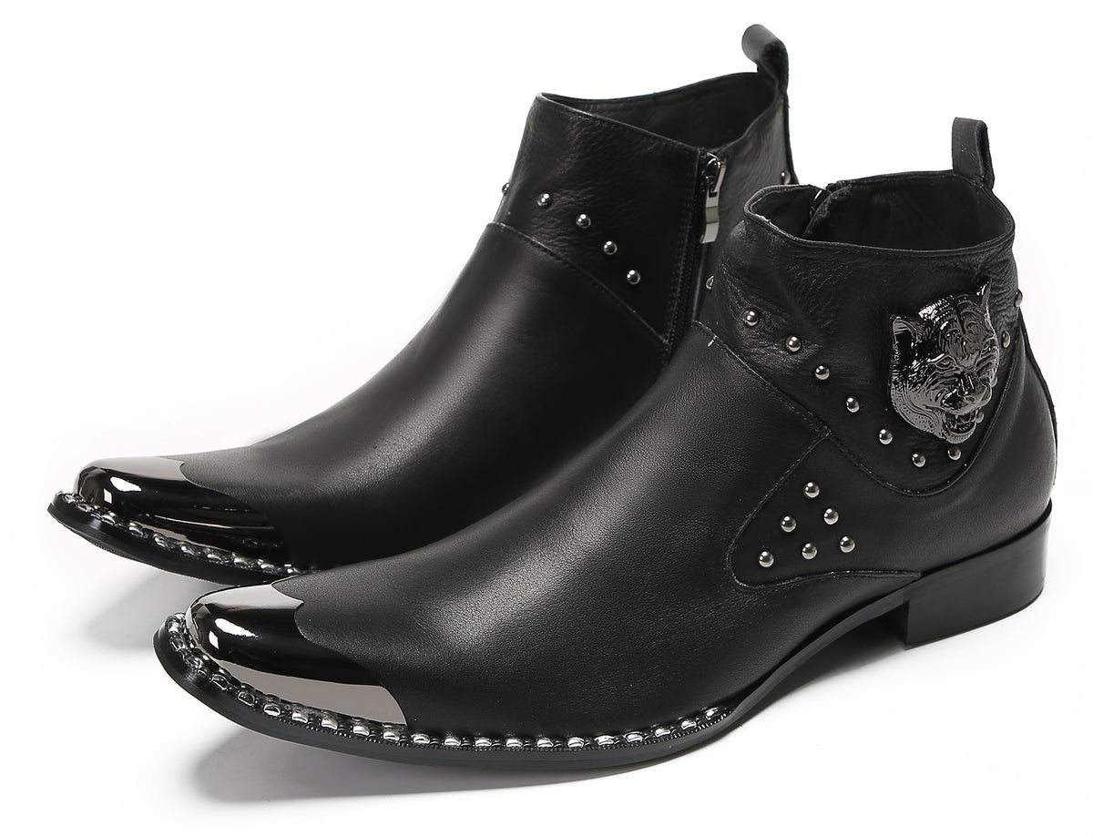 Mens Genuine Leather Matel Sqaure Toe Zipper Beads Ankle Western Boots
