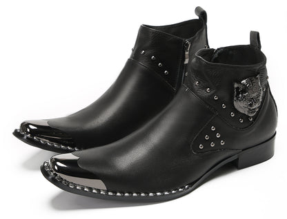Mens Genuine Leather Matel Sqaure Toe Zipper Beads Ankle Western Boots