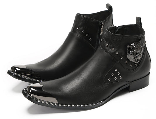 Mens Genuine Leather Matel Sqaure Toe Zipper Beads Ankle Western Boots