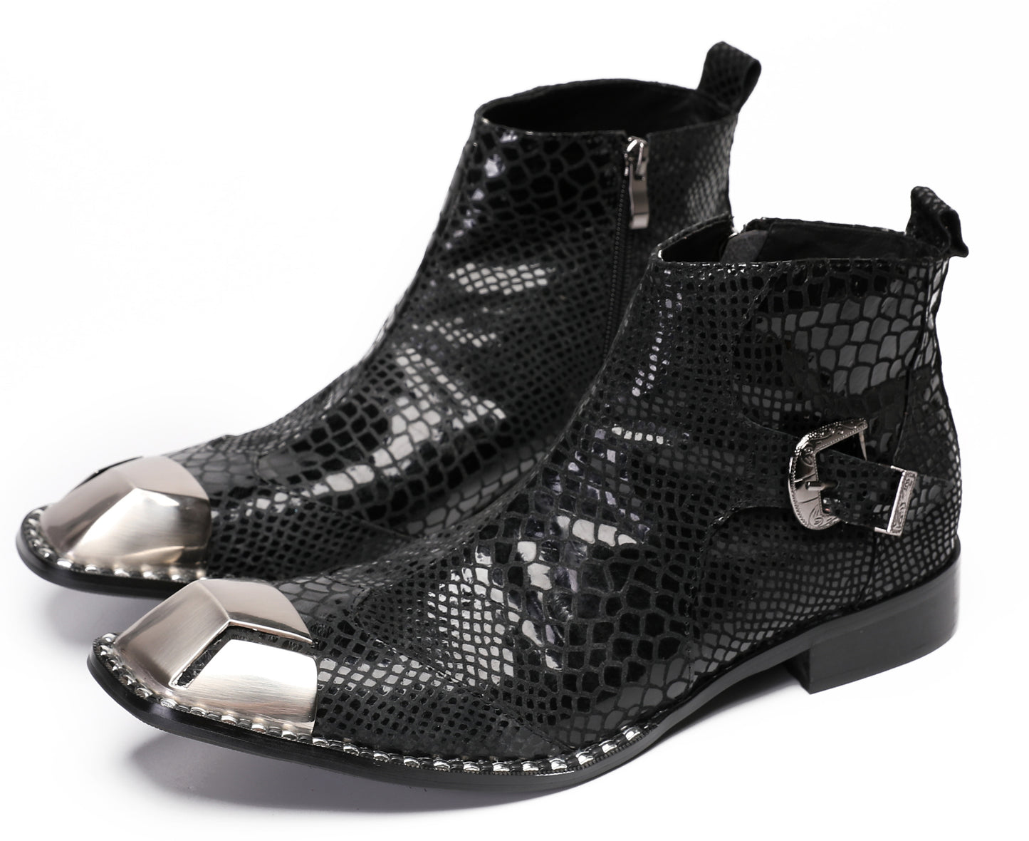 Mens Metal Square Toe Zipper Buckle Dress Ankle Western Boots