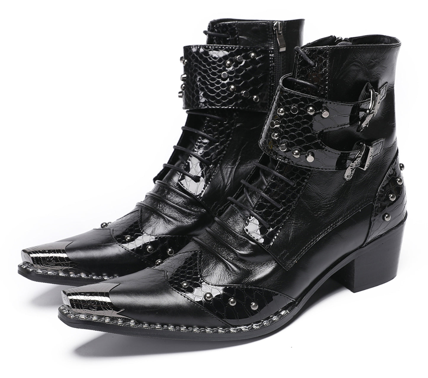 Mens Genuine Leather Metal Pointed Toe Belt Buckles Cowboy Western Boots