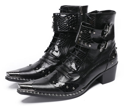 Mens Genuine Leather Metal Pointed Toe Belt Buckles Cowboy Western Boots