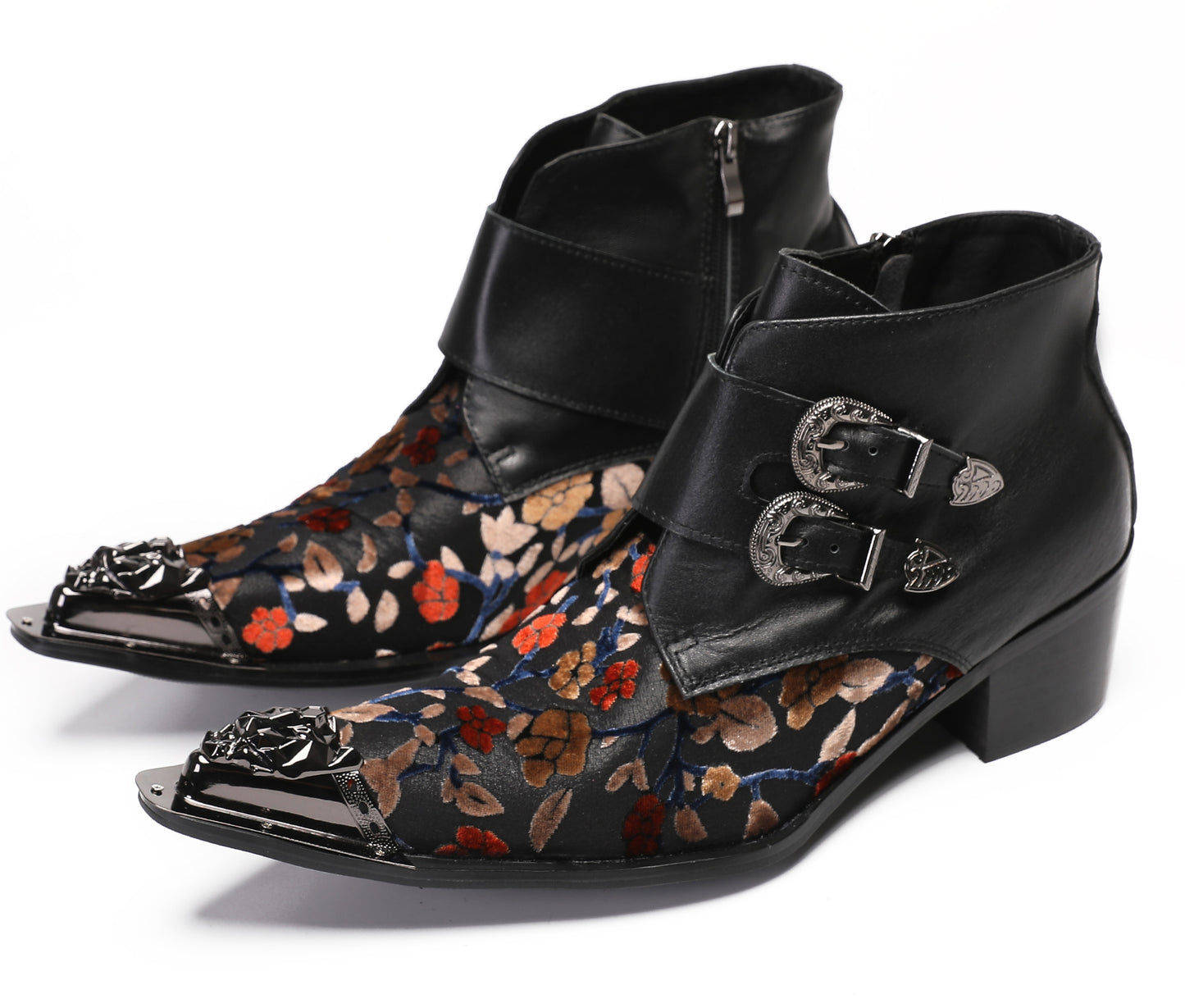 Mens Metal Pointed Toe Leather Fashion Zippe Ankle Western Boots