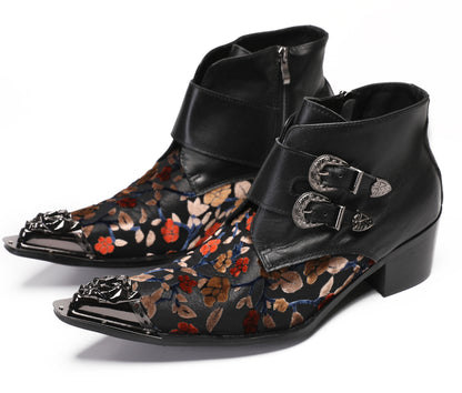 Mens Metal Pointed Toe Leather Fashion Zippe Ankle Western Boots