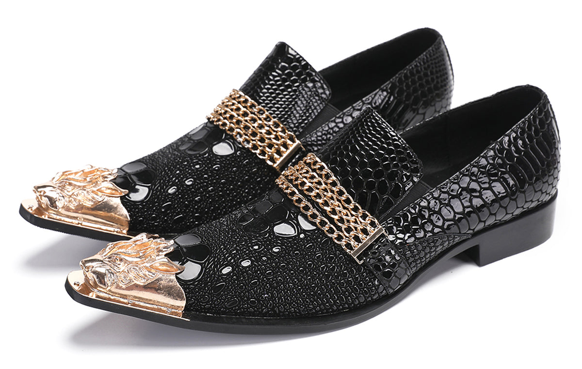 Mens Disco Party Casual Gold Chain Metallic Tip Western Loafers