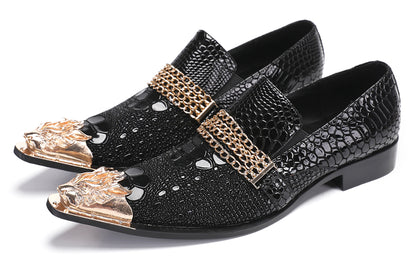 Mens Disco Party Casual Gold Chain Metallic Tip Western Loafers