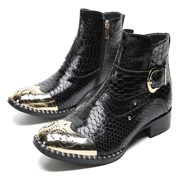 Mens Genuine Leather Metal-Square Toe Snakeskin Texture Ankle Western Boots