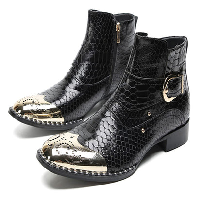 Mens Genuine Leather Metal-Square Toe Snakeskin Texture Ankle Western Boots