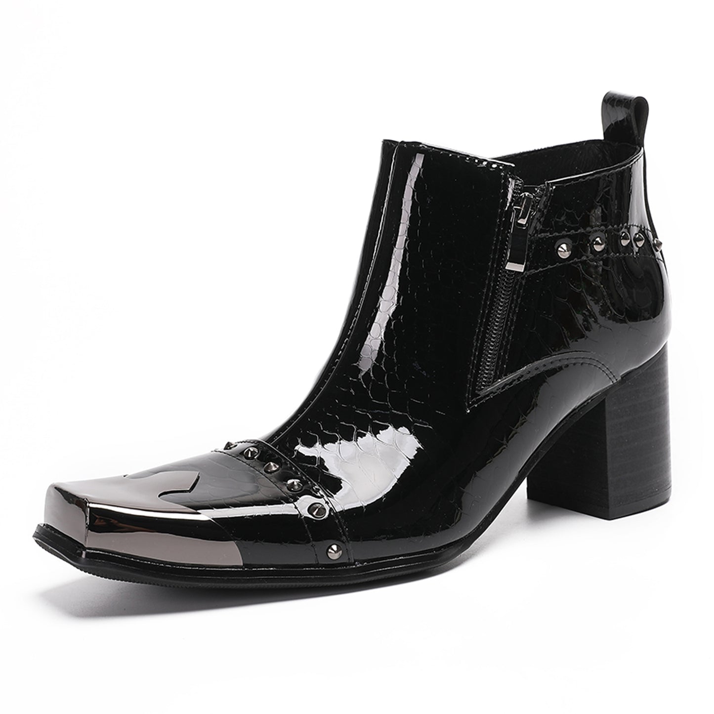 Mens Patent Leather Metal Square Toe Studded Ankle Western Boots
