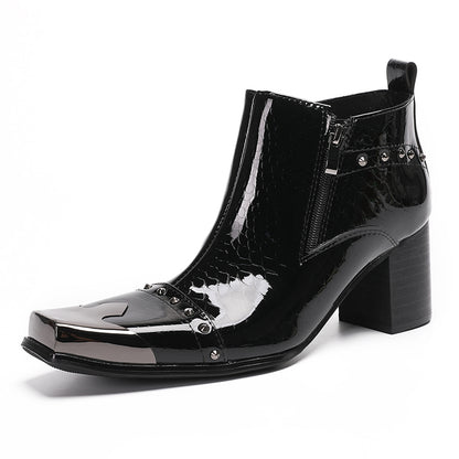 Mens Patent Leather Metal Square Toe Studded Ankle Western Boots