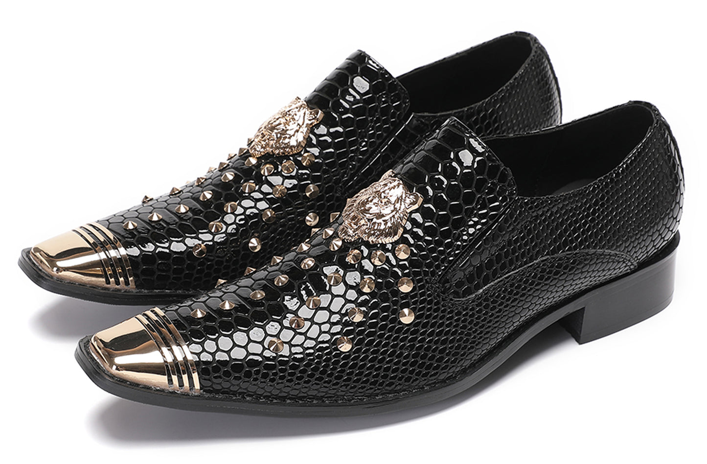 Mens Genuine Leather Snake Skin Texture Gold Glitter Beaded Western Loafers