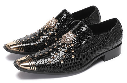 Mens Genuine Leather Snake Skin Texture Gold Glitter Beaded Western Loafers