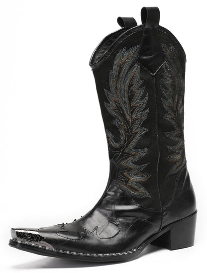 Mens Genuine Leather Metal Wingtip Toe Embroidered Pull On Western Cowboy Boots