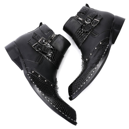 Mens Top-Grain Leather Pointed Toe Buckle Western Cowboy Ankle Boots