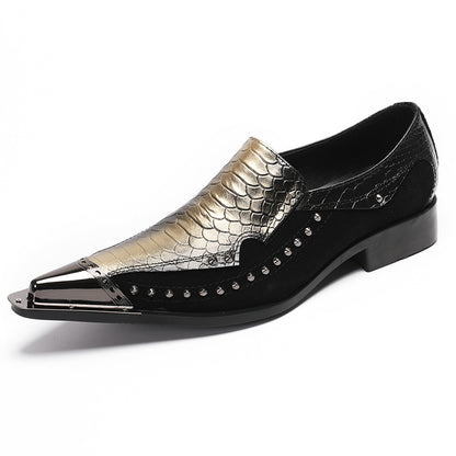 Mens Snake Embossed Leather Metal Toe Studded Loafers