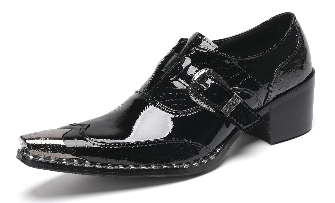 Mens Black Glossy Leather Buckle Detail Dress Western Loafers