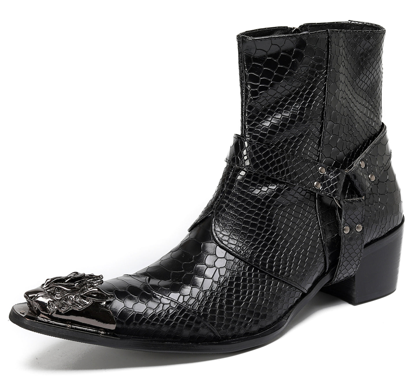 Mens Black Crocodile Print Metal Lion Head Cowboy Western Boots