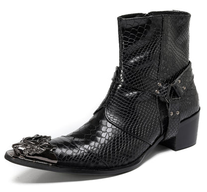 Mens Black Crocodile Print Metal Lion Head Cowboy Western Boots
