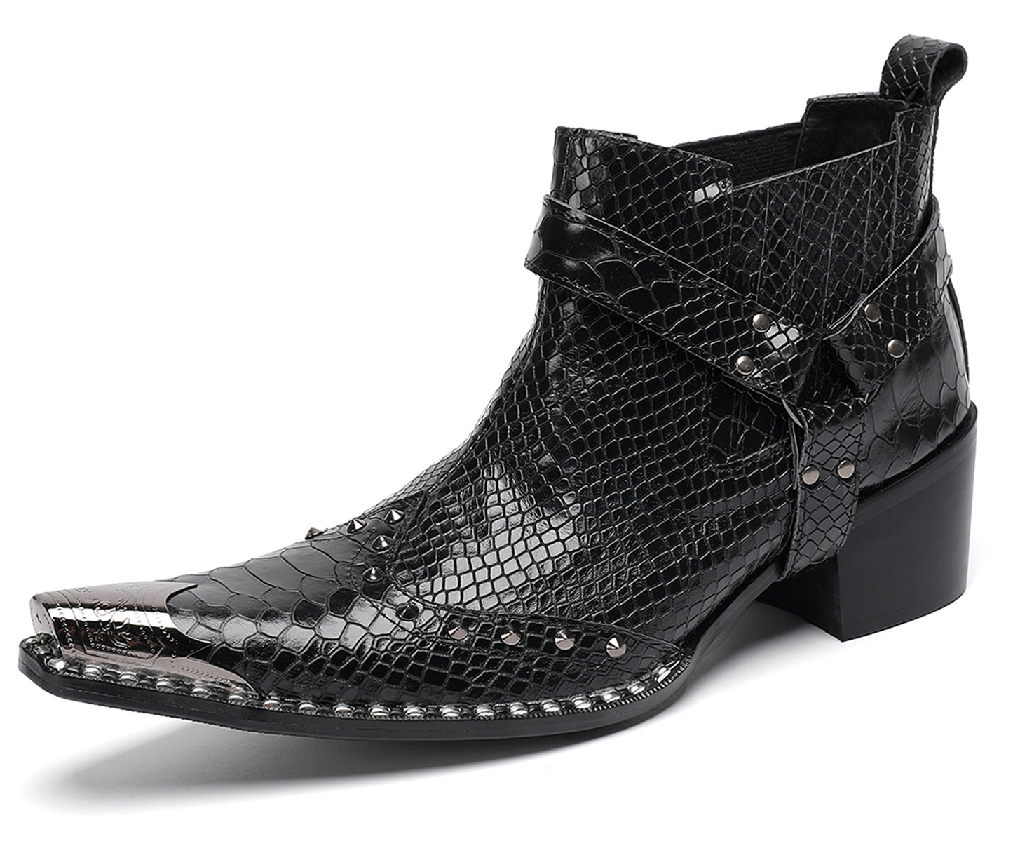 Mens Metallic Detail Snakeskin Abstract Print Ankle Western Boots